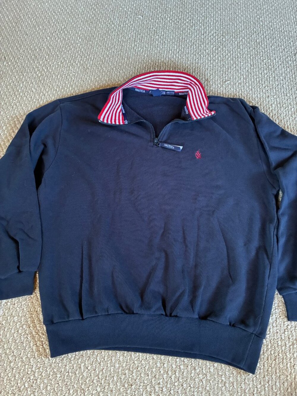 Vintage 90s Nautica XXL Cotton Ribbed Knit 1/4 Zip Sweater Navy Striped Collar